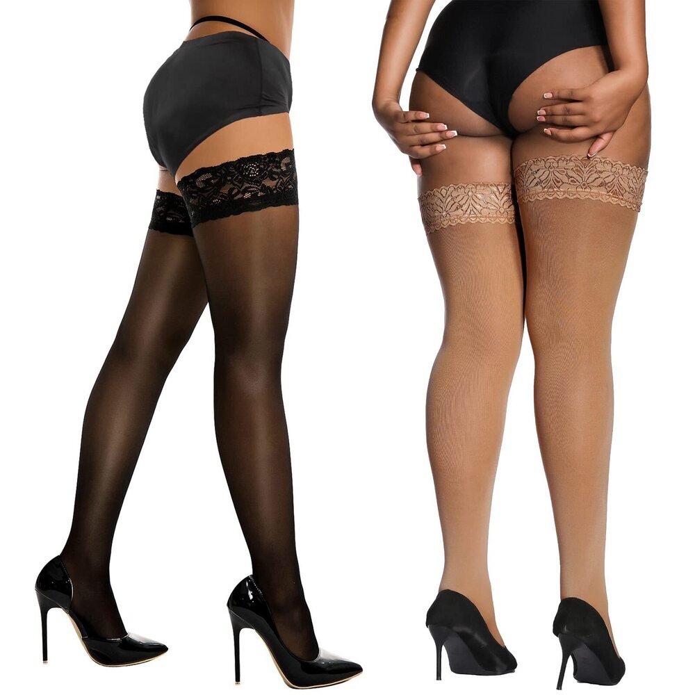 9455 2 Pairs Thigh High Stockings , Silicone Lace Top Stay Up, Silky Semi